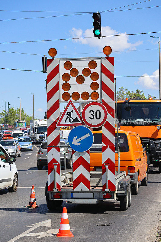 Traffic signs at the road construction site in the city